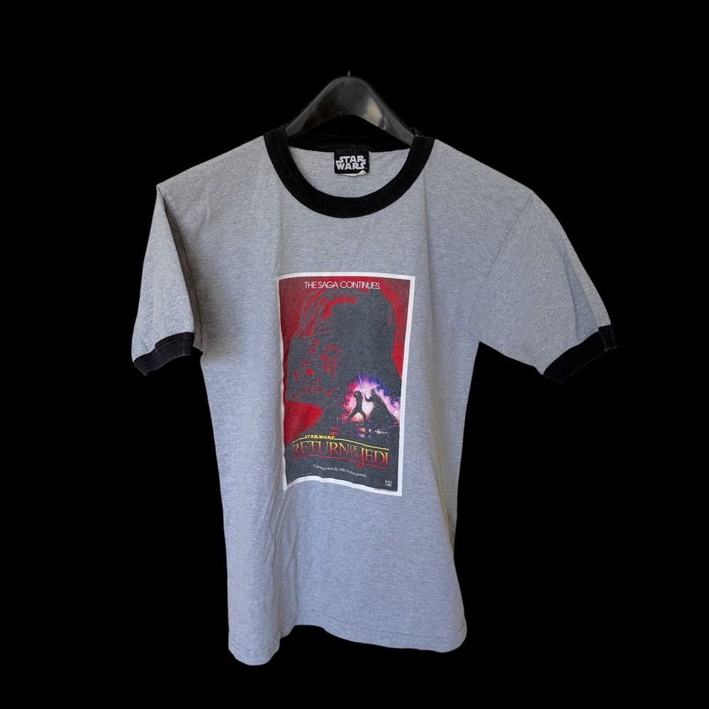 Star Wars Return of the‎ Jedi Ringer Tee Medium Gray Black Movie Poster Shirt